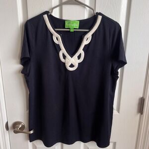 CAPPAGALLO Navy Blue Top Cream Trim Short Sleeve‎ T-Shirt Women's Size L